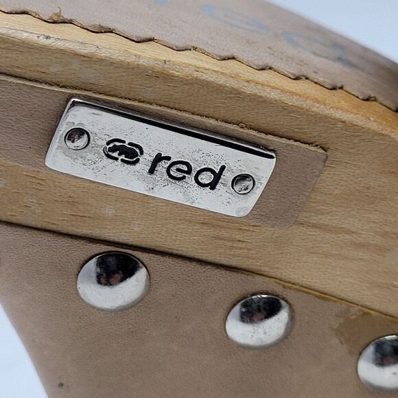 Vintage Tan Leather Wooden Platform Sandals Sz 7 Studded Open Toe Heel Brazil - Picture 14 of 16